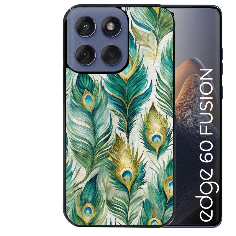 Coque noire taperso pour Moto Edge 60 et Neo Fusion Pro avec motif paon plumes protection antichoc personnalisée