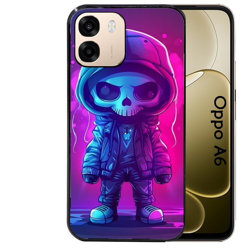 Coque noire taperso pour OPPO A6 A6X 4G et 5G avec motif tete de mort skull fluo protection antichoc personnalisée