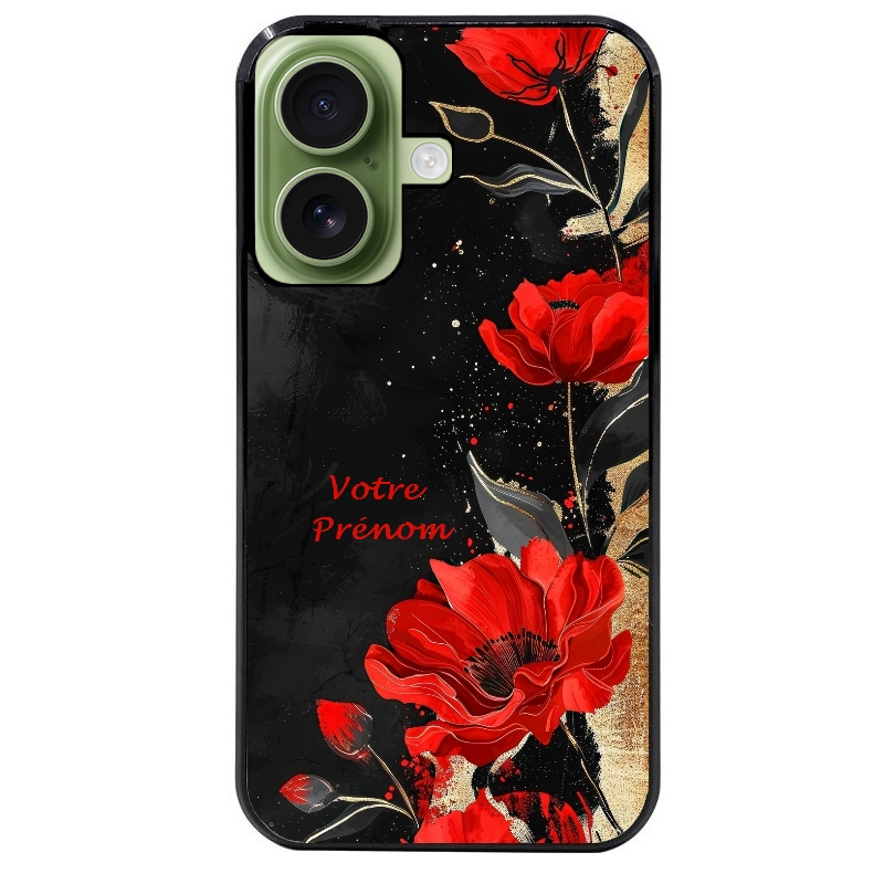 Coque noire taperso pour Iphone 16 16E PLUS MAX PRO avec motif fleur rouge avec prenom protection antichoc personnalisée