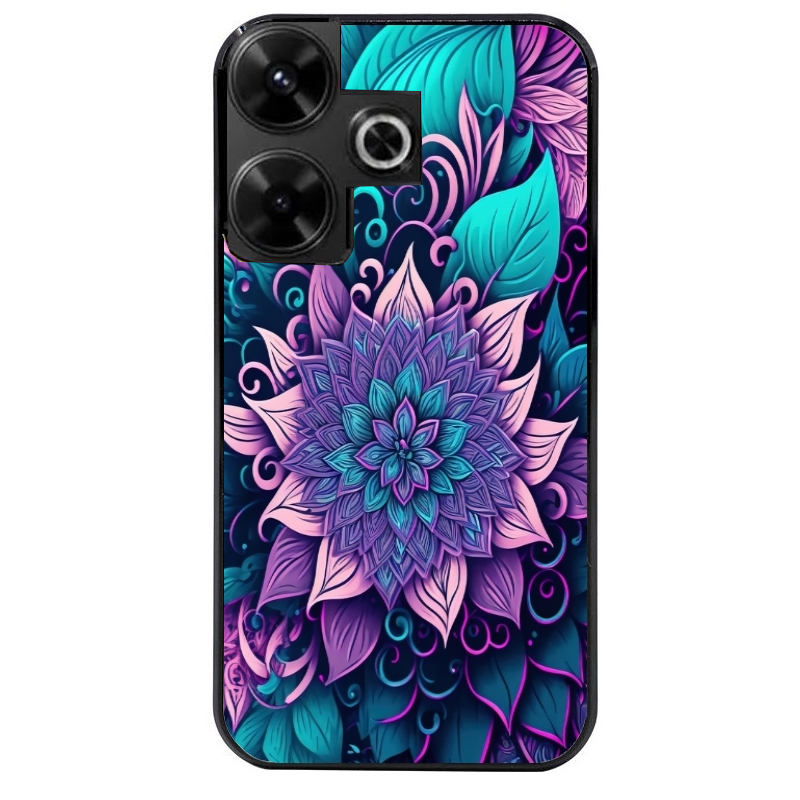 Coque noire taperso pour POCO M6 4G avec motif tropical mandala et fleur violet protection antichoc personnalisée