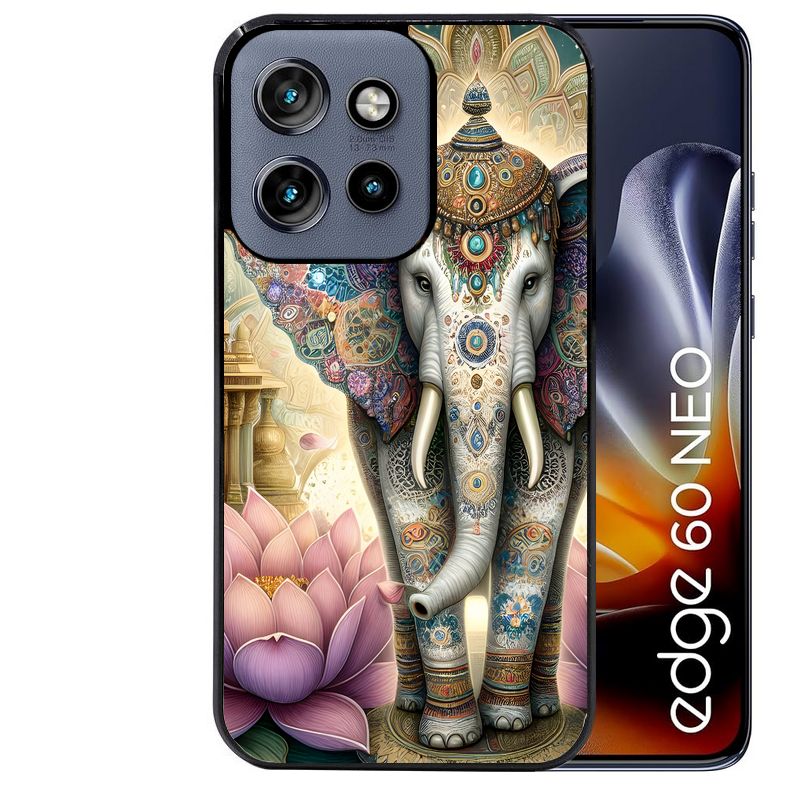 Coque noire taperso pour Moto Edge 60 et Neo Fusion Pro avec motif elephant et lotus protection antichoc personnalisée