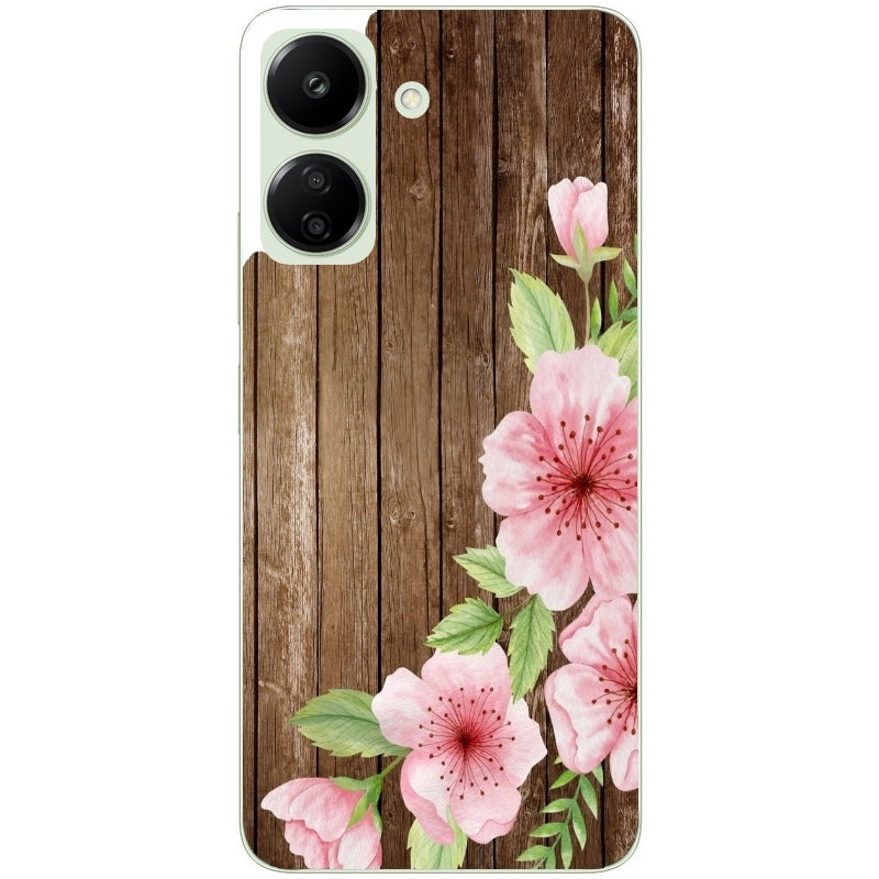 Coque taperso pour POCO C65 4G avec motif bois avec fleur rose protection antichoc personnalisée