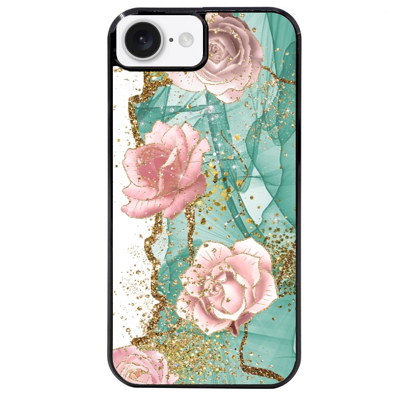 Coque noire taperso pour Iphone 16 16E PLUS MAX PRO avec motif marbre fleur turquoise protection antichoc personnalisée