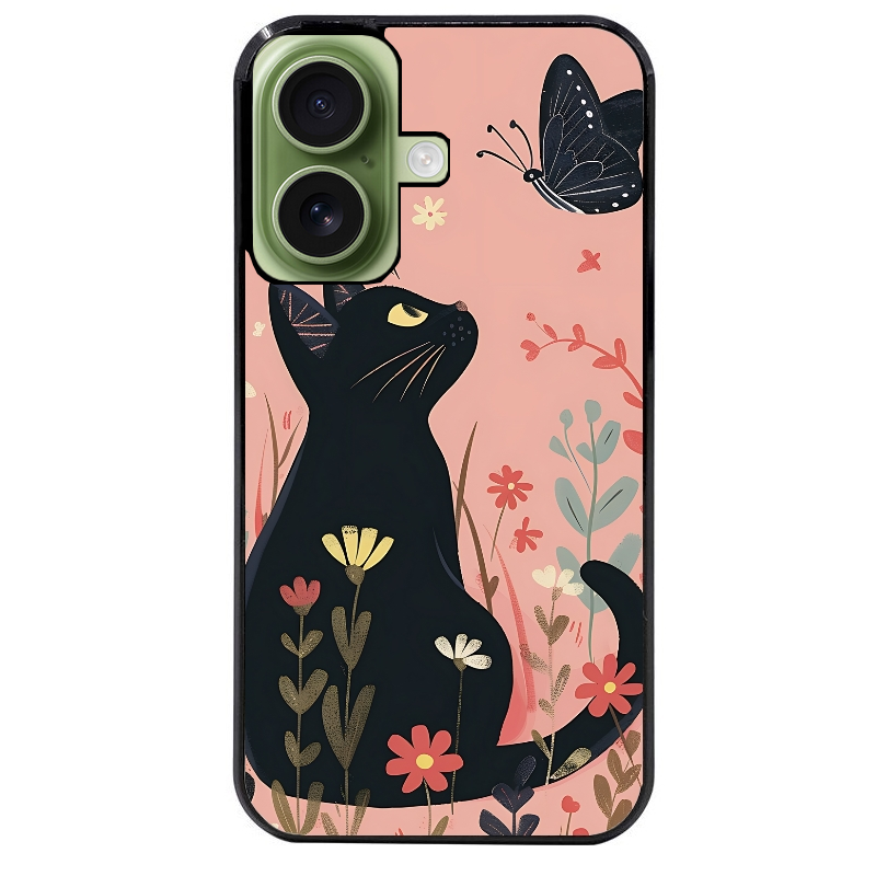 Coque noire taperso pour Iphone 16 16E PLUS MAX PRO avec motif chat papillon 2 protection antichoc personnalisée