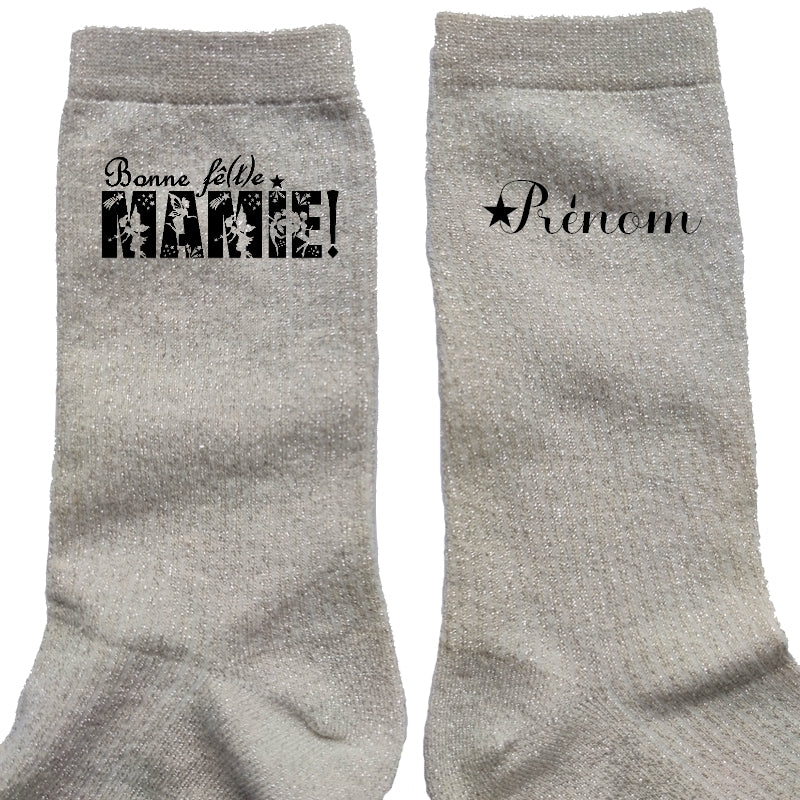 Chaussettes personnalisée paillettes crème motif bonne fëte mamie