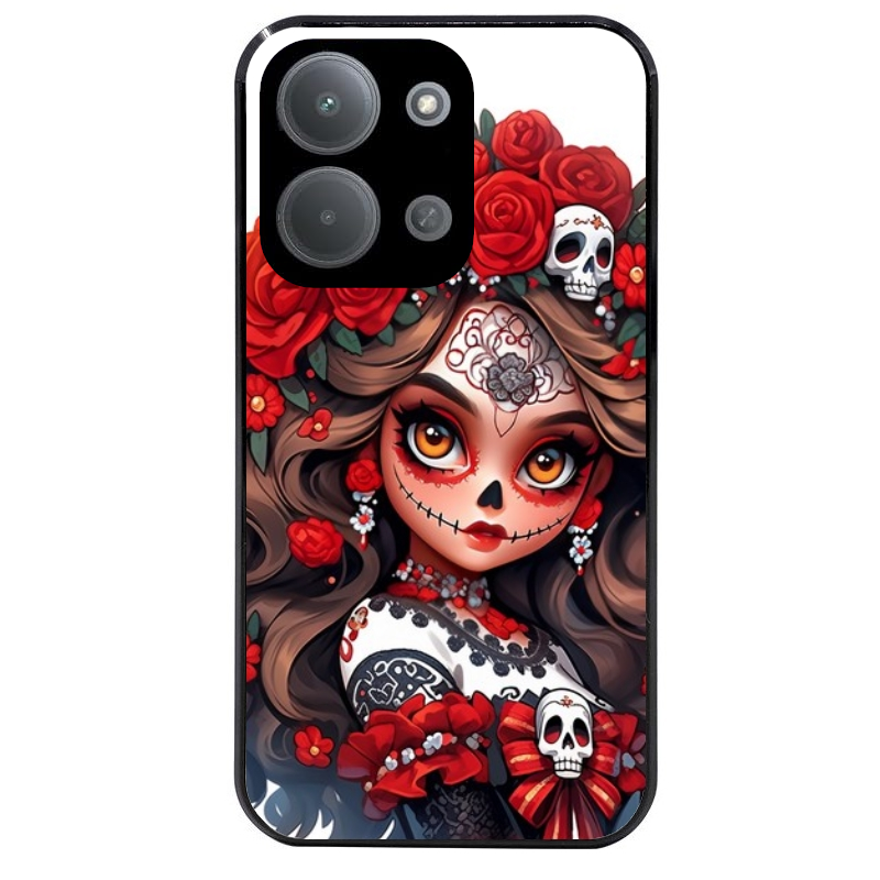 Coque noire taperso pour POCO C85 avec motif tete de mort calavera rouge protection antichoc personnalisée