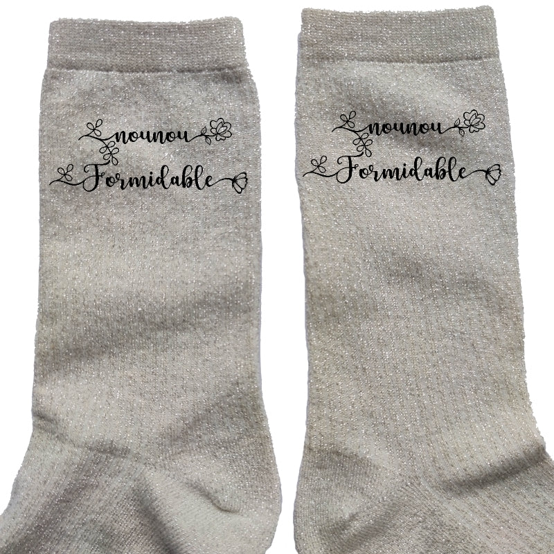 Chaussettes paillettes crème motif nounou formidable