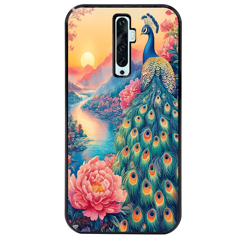 Coque noire taperso pour OPPO Reno 2 et 2Z avec motif paon japan protection antichoc personnalisée