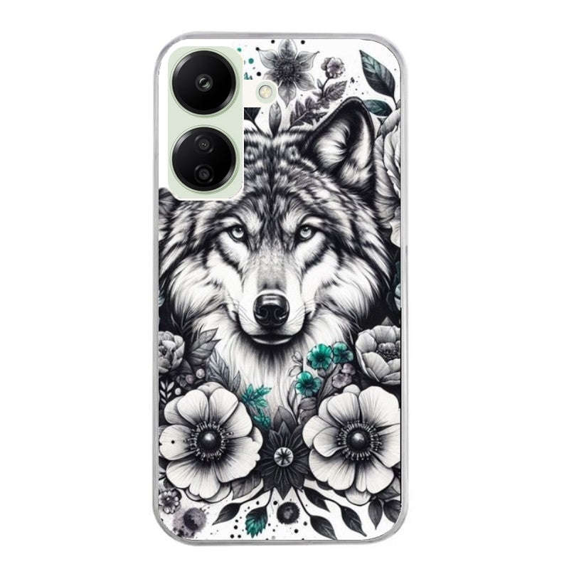 Coque taperso pour POCO C65 4G avec motif loup et fleur protection antichoc personnalisée