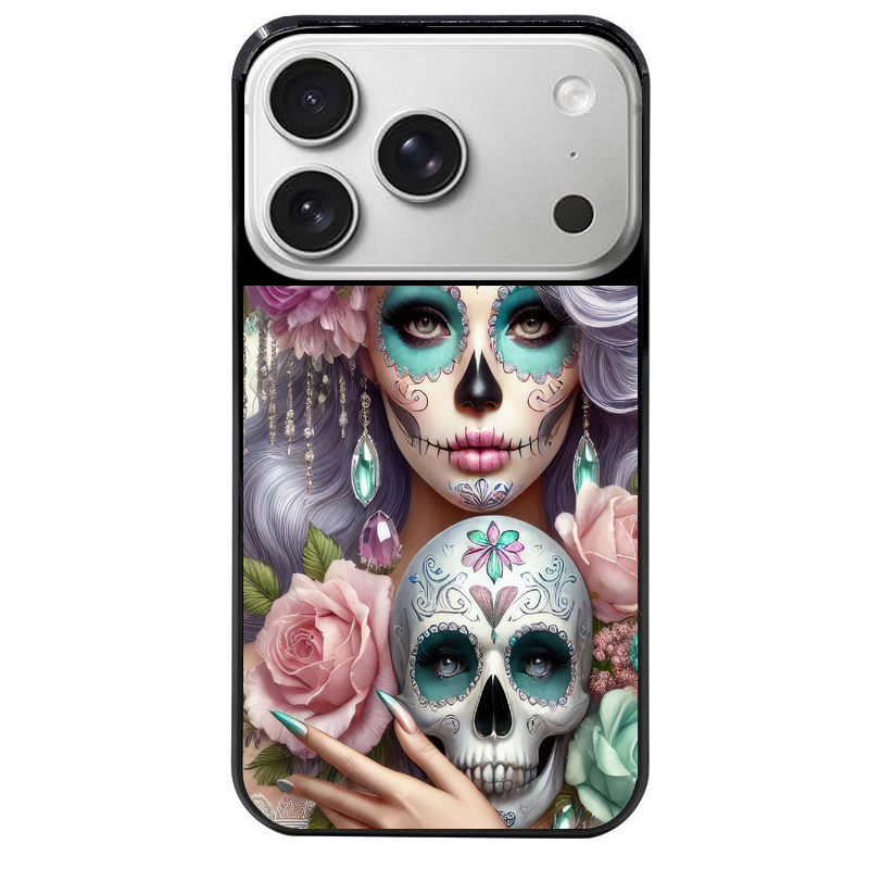 Coque noire taperso pour Iphone 17 17E AIR MAX PRO avec motif tete de mort calavera bijoux protection antichoc personnalisée