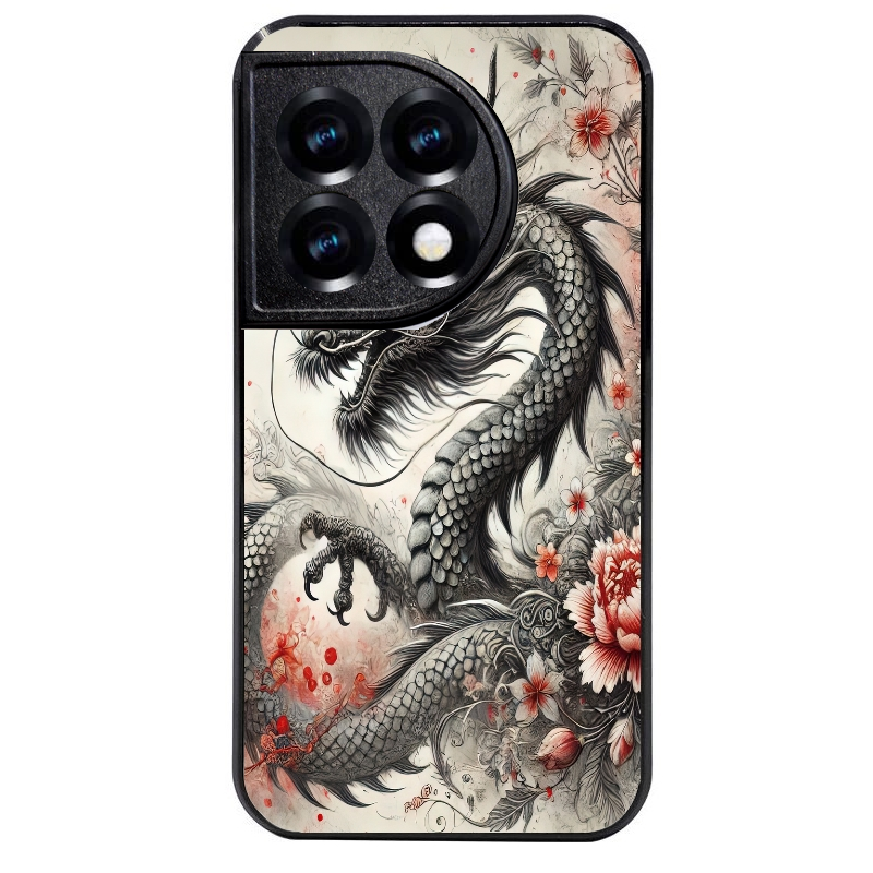 Coque noire taperso pour OnePlus 11 et 12 avec motif dragon japan protection antichoc personnalisée