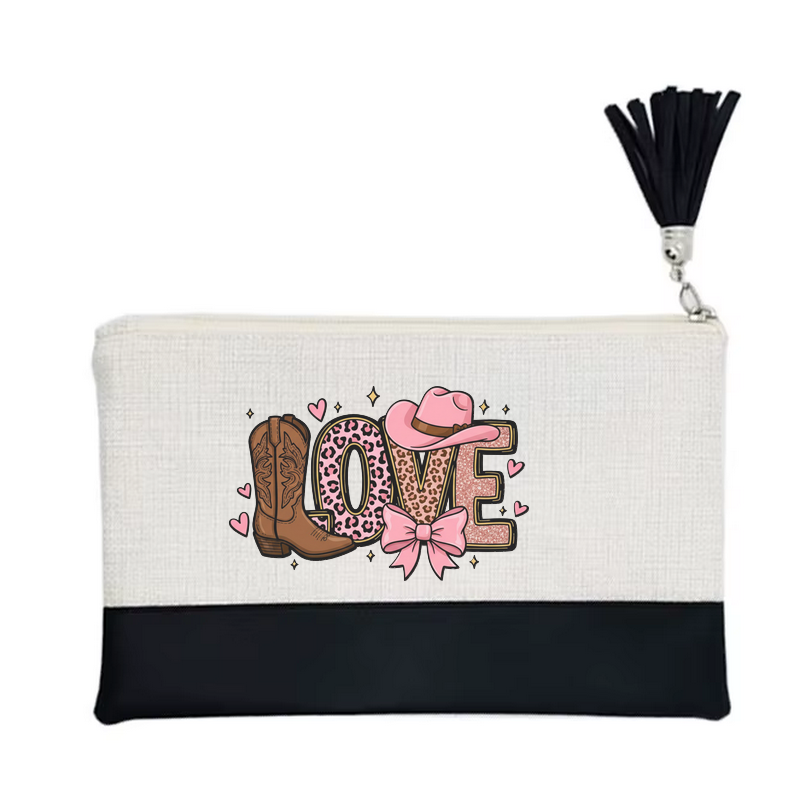 Pochette motif love western en toile et simili cuir
