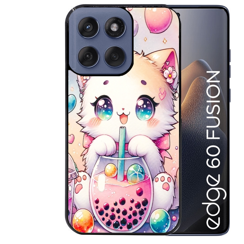 Coque noire taperso pour Moto Edge 60 et Neo Fusion Pro avec motif chat bubble style manga protection antichoc personnalisée