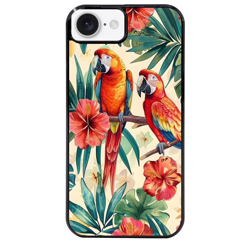 Coque noire taperso pour Iphone 16 16E PLUS MAX PRO avec motif perroquet et fleurs protection antichoc personnalisée