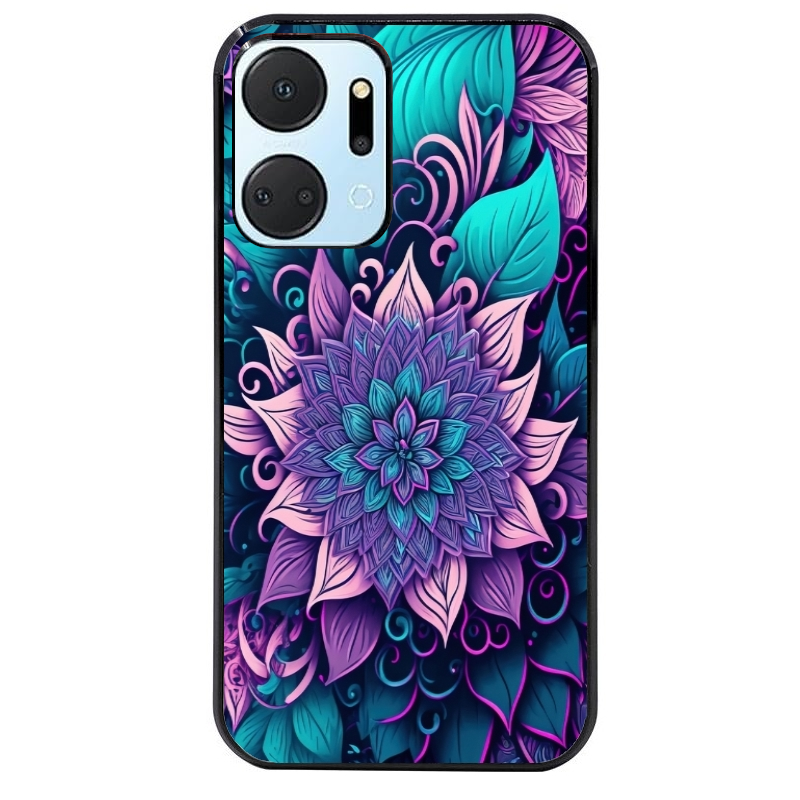 Coque noire taperso pour Honor X7A avec motif tropical mandala et fleur violet protection antichoc personnalisée