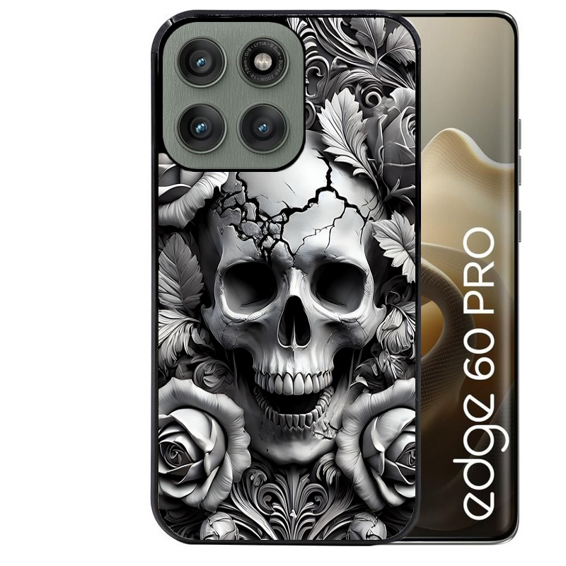 Coque noire taperso pour Moto Edge 60 et Neo Fusion Pro avec motif tete de mort fleur protection antichoc personnalisée