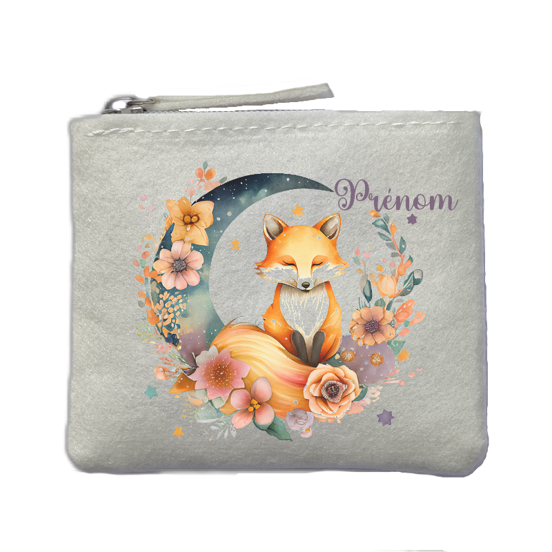 Porte monnaie personnalisé fox renard lune ivoire en feutrine en feutrine ivoire