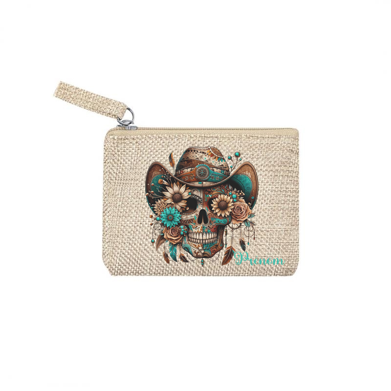 Pochette personnalisée motif tete de mort western en toile et simili cuir personnalisée