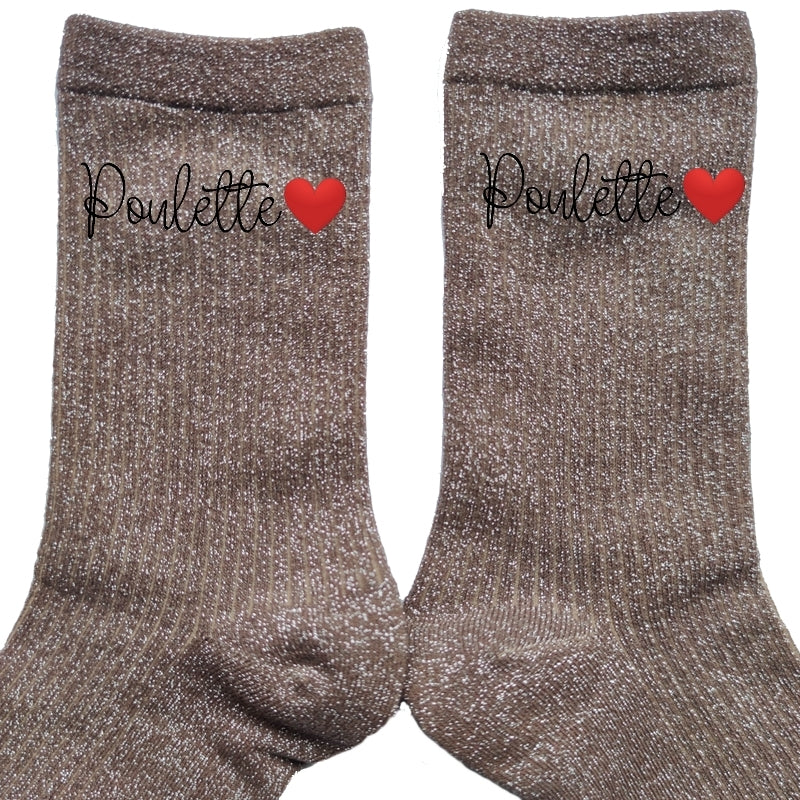 Chaussettes paillettes bronze motif poulette