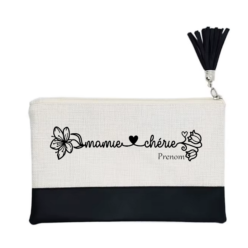 Pochette personnalisée motif mamie cherie en toile et simili cuir personnalisée