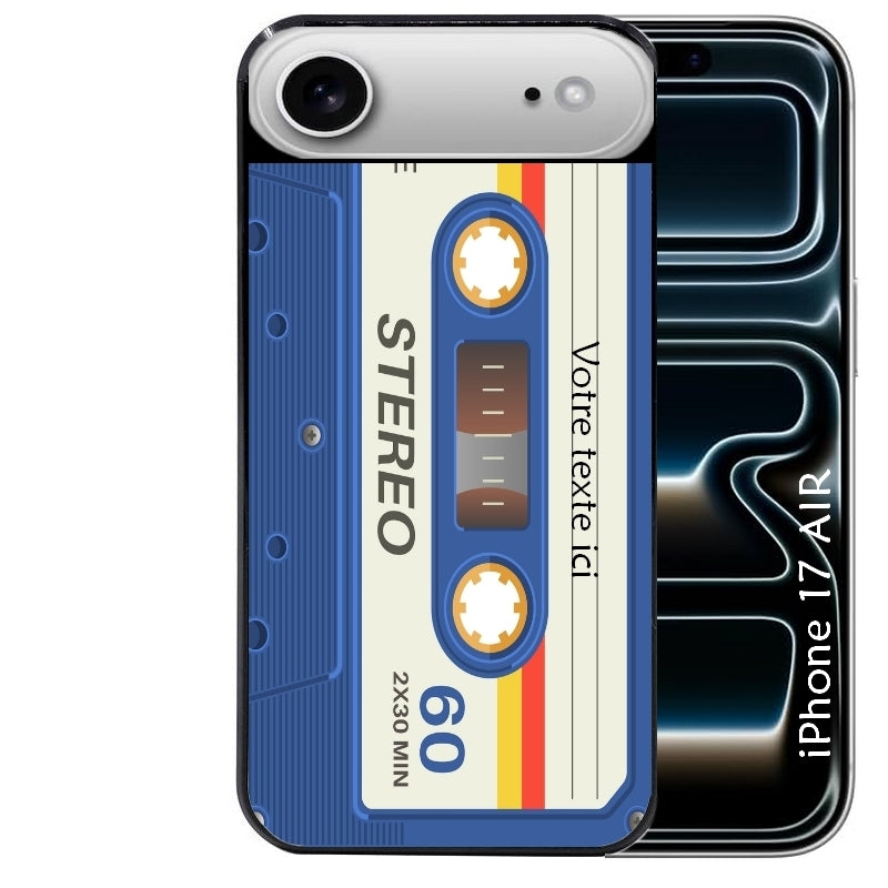 Coque noire taperso pour Iphone 17 17E AIR MAX PRO personnalisable avec motif cassette bleu protection antichoc personnalisée