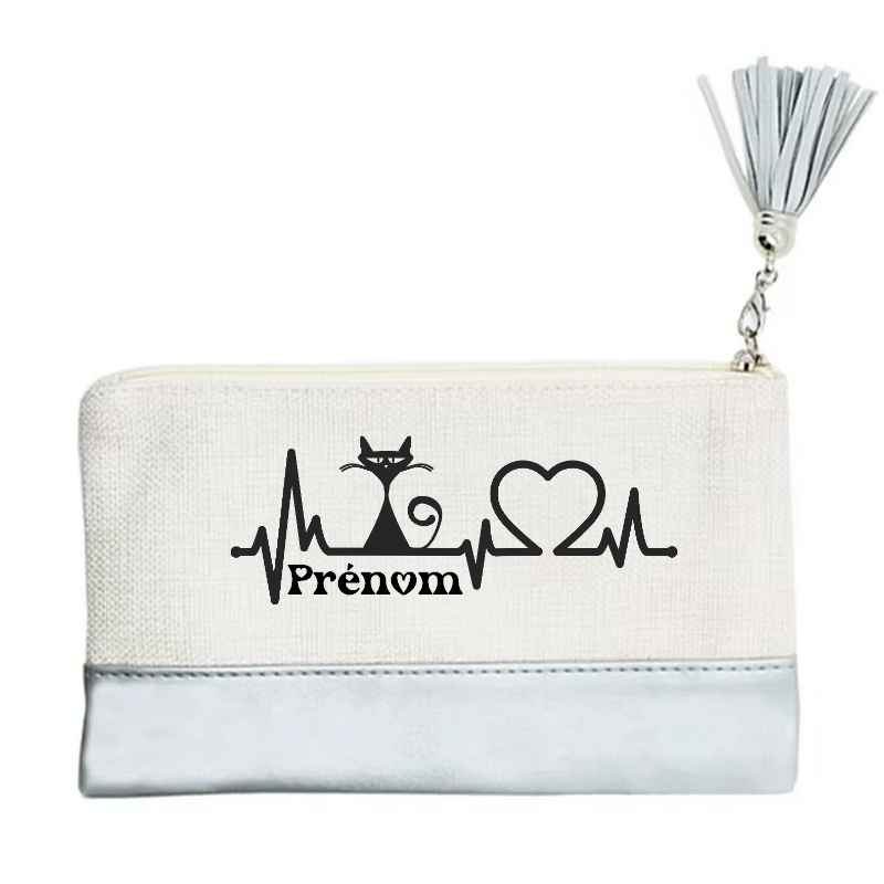 Pochette personnalisée motif chat heartbeat en toile et simili cuir personnalisée