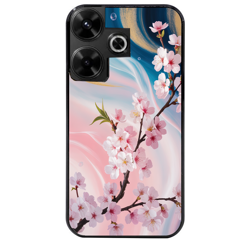 Coque noire taperso pour POCO M6 4G avec motif marbre fleur cerisier protection antichoc personnalisée