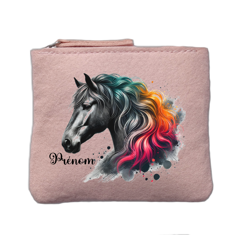 Porte monnaie personnalisé motif cheval color rose clair en feutrine en feutrine