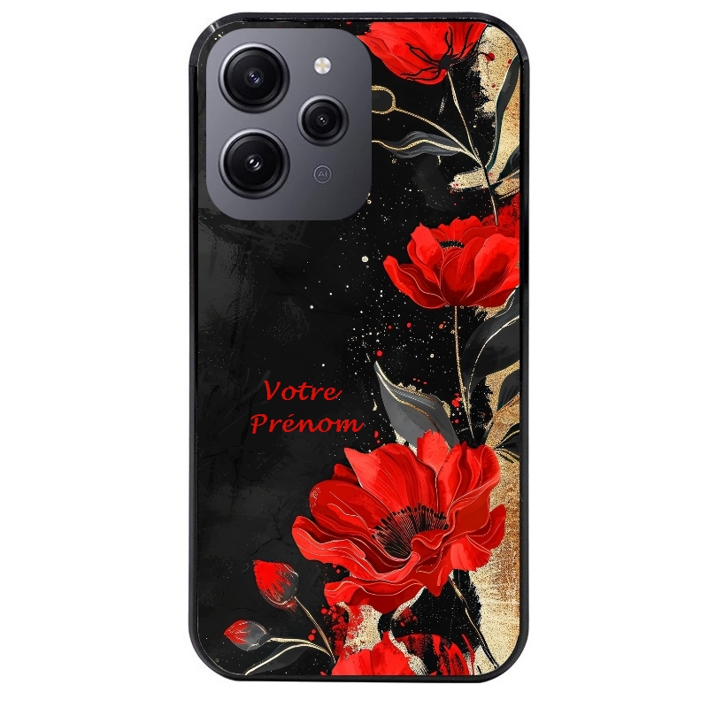 Coque noire taperso pour Redmi 12 4G et 5G avec motif fleur rouge avec prenom protection antichoc personnalisée