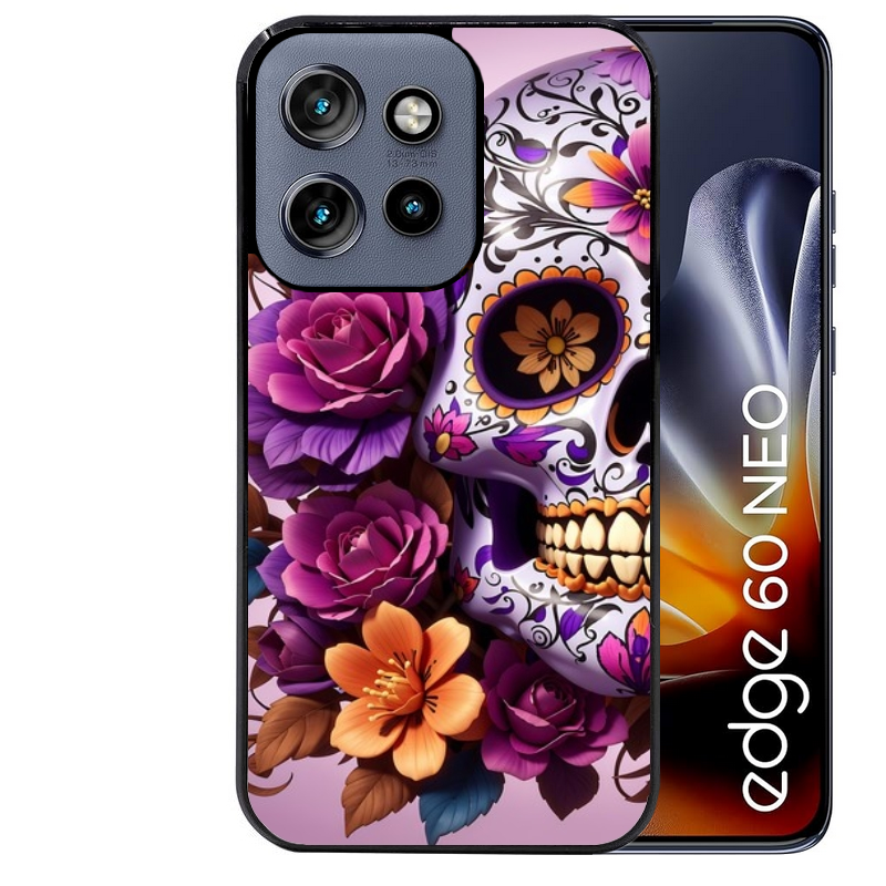 Coque noire taperso pour Moto Edge 60 et Neo Fusion Pro avec motif tete de mort calavera violette protection antichoc personnalisée