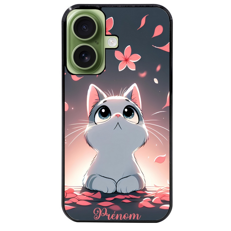 Coque noire taperso pour Iphone 17 17E AIR MAX PRO avec motif chat anime avec votre prenom protection antichoc personnalisée