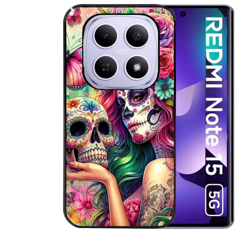 Coque noire taperso pour Redmi Note 15 et PRO PLUS 4G 5G avec motif tete de mort calavera skull protection antichoc personnalisée