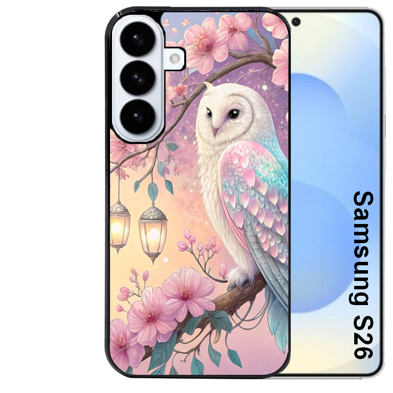 Coque noire taperso pour galaxy S26 et PLUS ULTRA FE avec motif chouette cerisier protection antichoc personnalisée