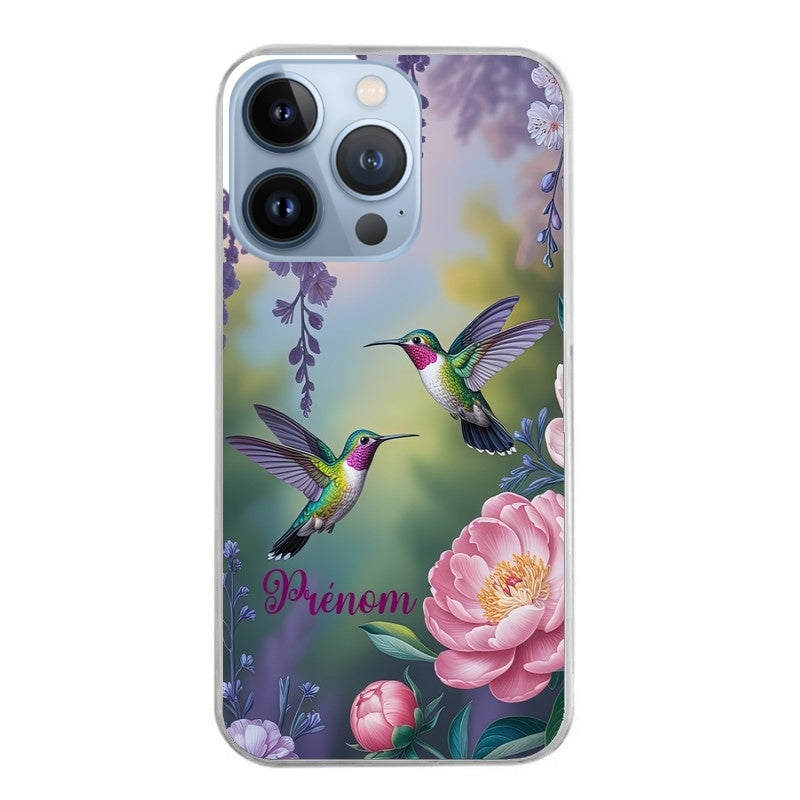 Coque taperso pour Iphone 13 et PRO MINI PRO MAX avec motif colibri couple personnalise protection antichoc personnalisée
