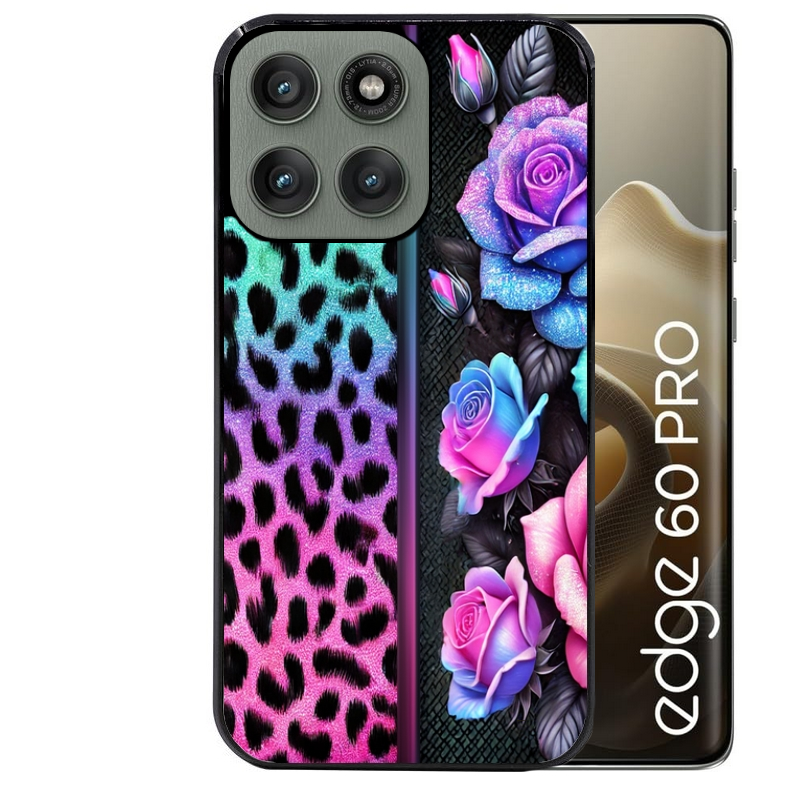 Coque noire taperso pour Moto Edge 60 et Neo Fusion Pro avec motif leopard et fleur protection antichoc personnalisée