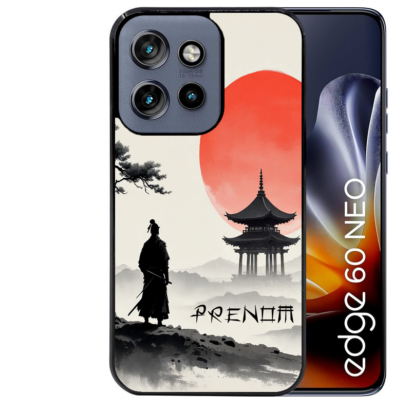 Coque noire taperso pour Moto Edge 60 et Neo Fusion Pro avec motif samourai et temple personnalisee protection antichoc personnalisée
