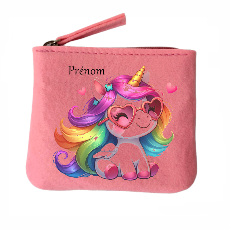 Porte monnaie personnalisé licorne lunette en feutrine en feutrine