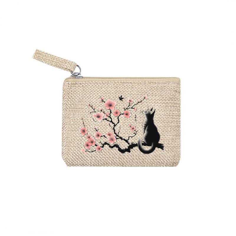 Pochette personnalisée motif chat cerisier en toile et simili cuir personnalisée