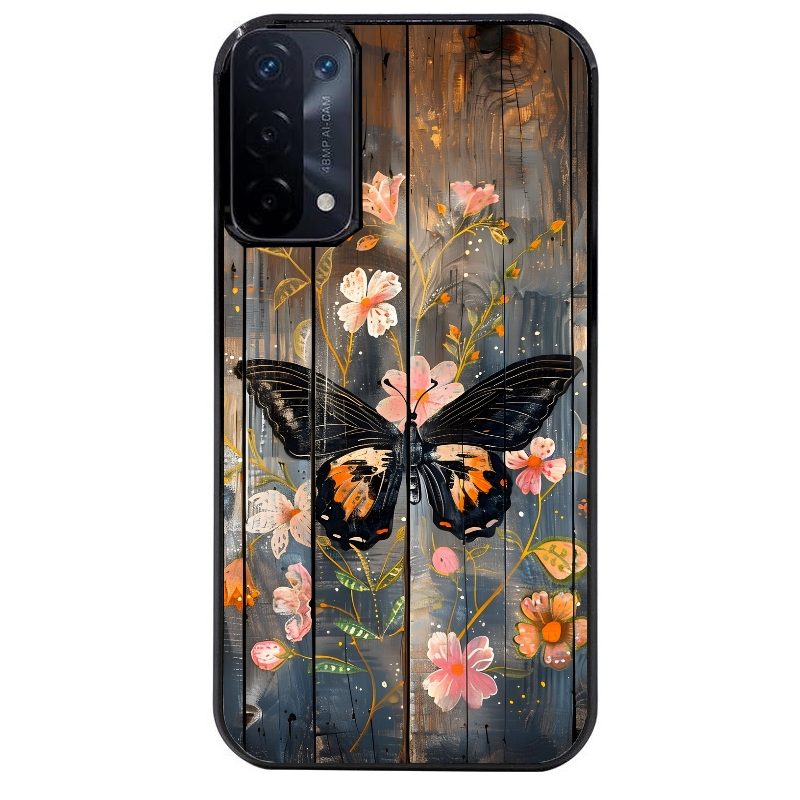 Coque noire taperso pour OPPO A54 et A74 5G avec motif bois et papillon 2 protection antichoc personnalisée