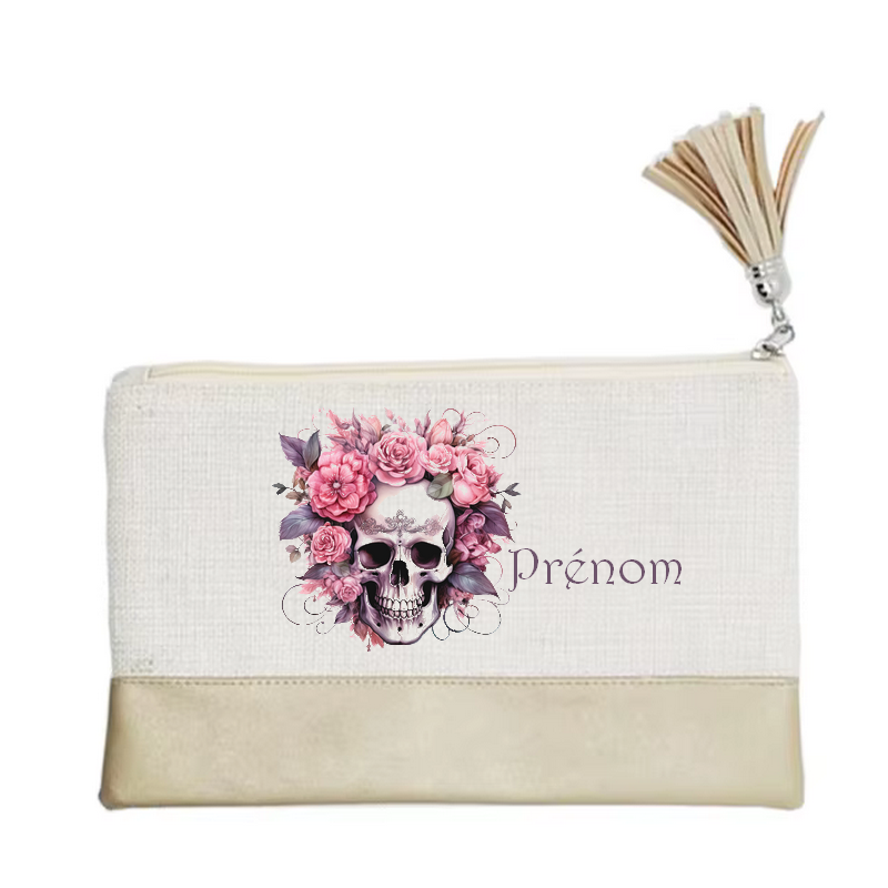 Pochette personnalisée motif tete de mort fleur en toile et simili cuir personnalisée