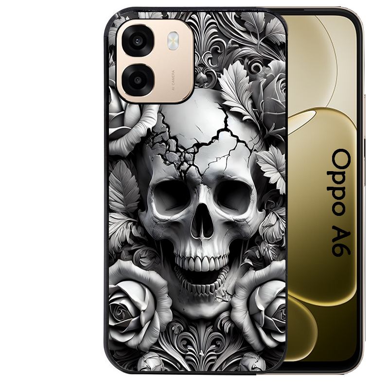 Coque noire taperso pour OPPO A6 A6X 4G et 5G avec motif tete de mort fleur protection antichoc personnalisée