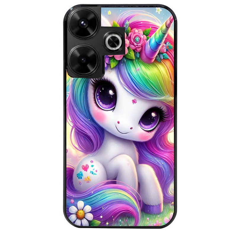 Coque noire taperso pour POCO M6 4G avec motif licorne et fleurs protection antichoc personnalisée