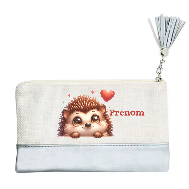 Pochette personnalisée motif herisson cœur en toile et simili cuir personnalisée