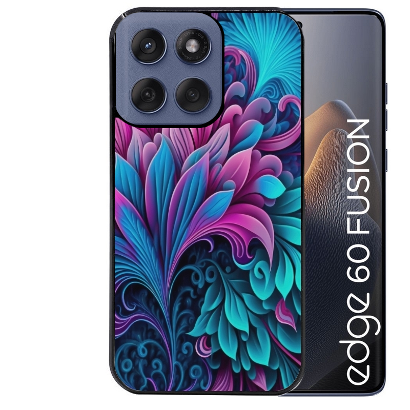 Coque noire taperso pour Moto Edge 60 et Neo Fusion Pro avec motif tropical violet et des fleurs protection antichoc personnalisée