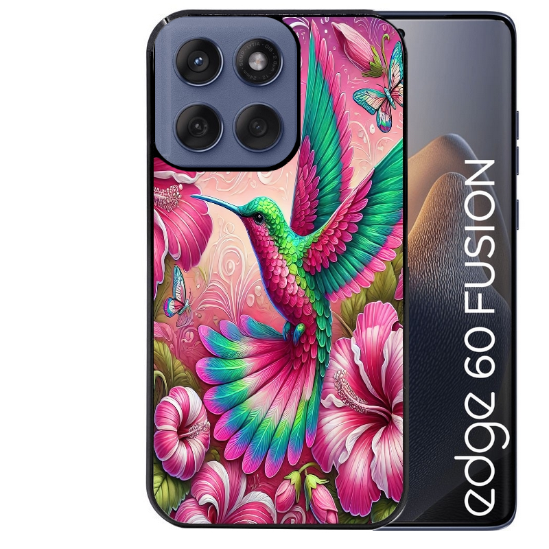 Coque noire taperso pour Moto Edge 60 et Neo Fusion Pro avec motif colibri et fleurs protection antichoc personnalisée