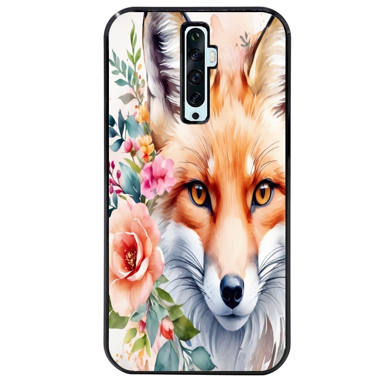 Coque noire taperso pour OPPO Reno 2 et 2Z avec motif renard fox et fleurs protection antichoc personnalisée
