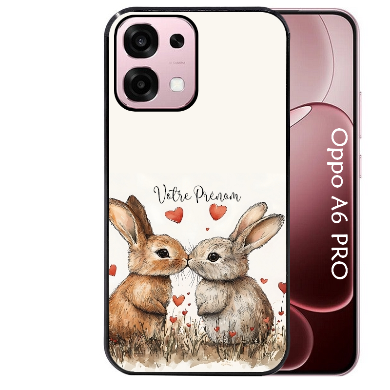 Coque noire taperso pour OPPO A6 PRO 4G et 5G avec motif lapin coeur avec prenom protection antichoc personnalisée