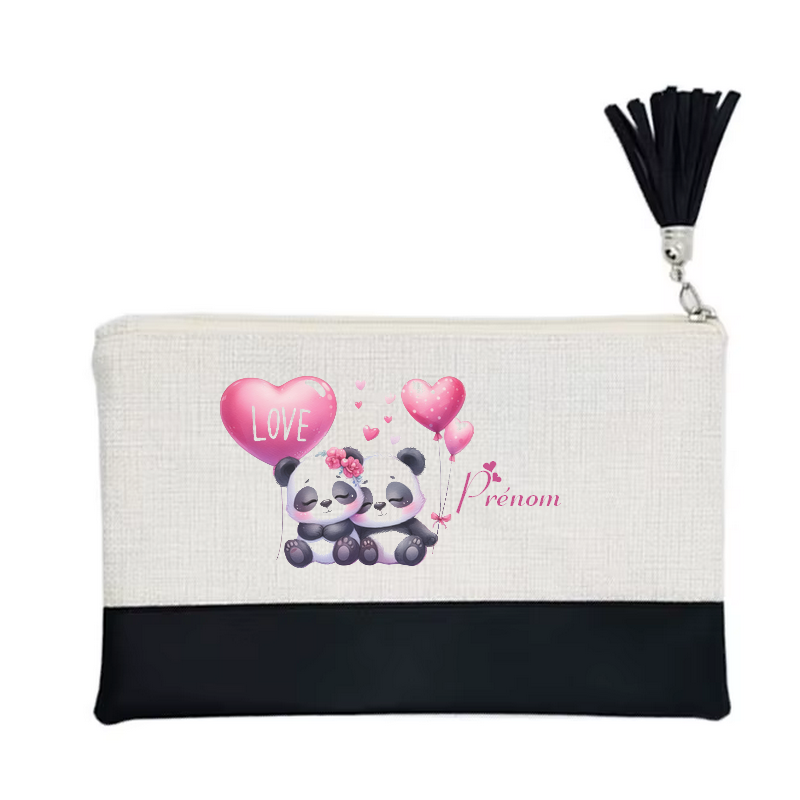 Pochette personnalisée motif panda love en toile et simili cuir personnalisée