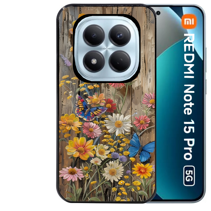 Coque noire taperso pour Redmi Note 15 et PRO PLUS 4G 5G avec motif bois et papillon 1 protection antichoc personnalisée