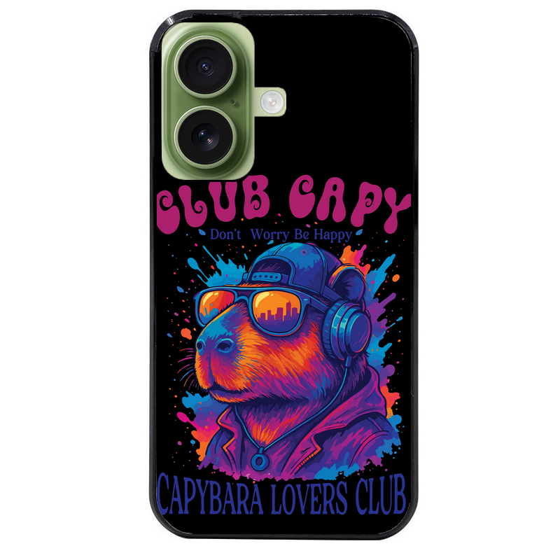 Coque noire taperso pour Iphone 16 16E PLUS MAX PRO avec motif capybara club protection antichoc personnalisée